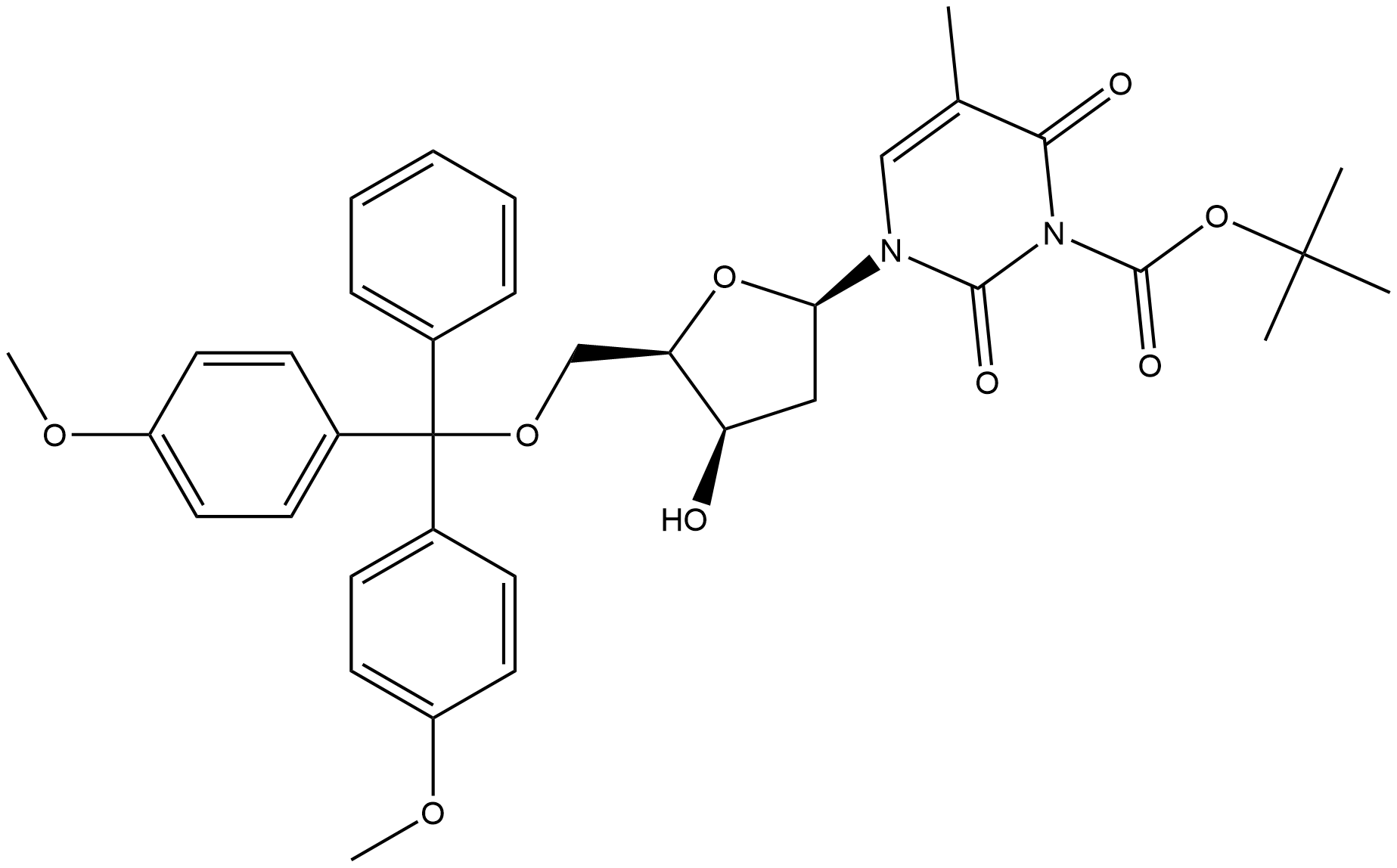 5'-O-DMTr-3'-β-OH-2'-5-Me-dU(Boc) 结构式