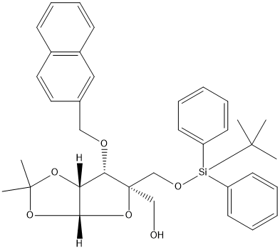 ((3AR,5R,6S,6AR)-5-(((TERT-BUTYLDIPHENYLSILYL)OXY)METHYL)-2,2-DIMETHYL-6-(NAPHTHALEN-2-YLMETHOXY)TETRAHYDROFURO[2,3-D][1,3]DIOXOL-5-YL)METHANOL 结构式