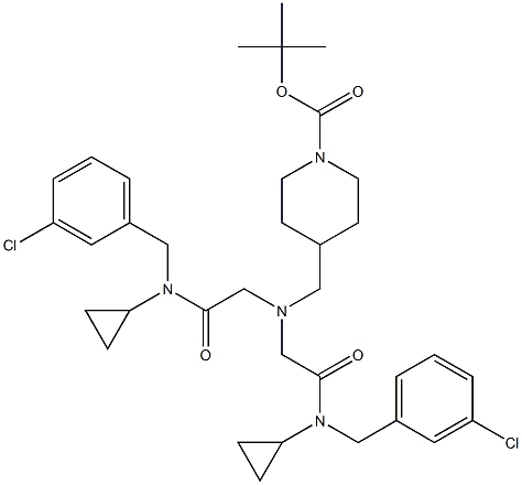 4-[(双-{[(3-氯-苄基)-环丙基-氨基甲酰基]-甲基}-氨基)-甲基]-哌啶-1-羧酸叔丁基酯 结构式