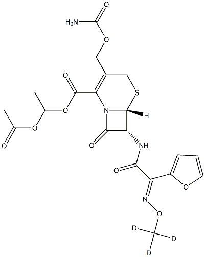 (6R,7R)-3-[[(AMinocarbonyl)oxy]Methyl]-7-[[(2E)-2-(2-furanyl)-2-[(Methoxy-d3)iMino]acetyl]aMino]-8-oxo-5-thia-1-azabicyclo[4.2.0]oct-2-ene-2-carboxylic Acid 1-(Acetyloxy)ethyl Ester 结构式