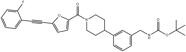 (3-(1-(5-((2-氟苯基)乙炔基)呋喃-2-羰基)哌啶-4-基)苄基)氨基甲酸叔丁酯 结构式