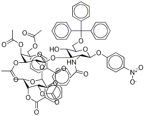 p-Nitrophenyl 2-Acetamido-2-deoxy-3-O-[2’-O-(2,3,4-tri-O-benzoyl-α-L-fucopyranosyl)-3’,4’,6’-tri-O-acetyl-D-galactopyranosyl]-6-O-trityl-β-D-glucopyranoside

 结构式