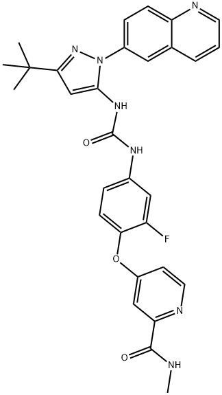 N-[3-TERT-BUTYL-1-(QUINOLIN-6-YL)-1H-PYRAZOL-5-YL]-N'-[2-FLUORO-4-[(2-(METHYLCARBAMOYL)PYRIDIN-4-YL)OXY]PHENYL]UREA 结构式