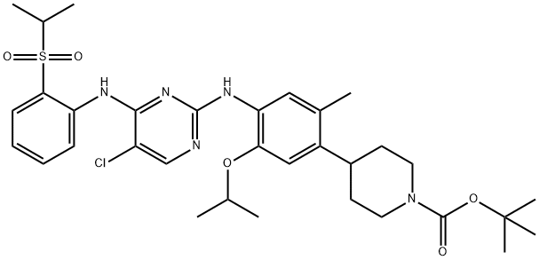 4-[4-[[5-氯-4-[[2-[(丙烷-2-基)磺酰基]苯基]氨基]嘧啶-2-基]氨基]-5-异丙氧基-2-甲基苯基]哌啶-1-羧酸叔丁酯 结构式