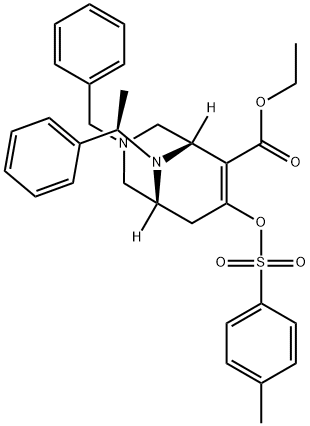 ethyl 3-benzyl-9-((S)-1-phenylethyl)-7-(tosyloxy)-3,9-diazabicyclo[3.3.1]non-6-ene-6-carboxylate 结构式