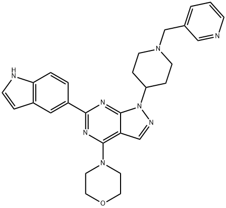 6-(1H-吲哚-5-基)-4-(4-吗啉基)-1-[1-(3-吡啶基甲基)-4-哌啶基]-1H-吡唑并[3,4-D]嘧啶 结构式