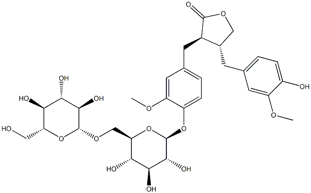 (3R-反式)-3-[[4-[(6-O-BETA-D-吡喃葡萄糖基-BETA-D-吡喃葡萄糖基)氧基]-3-甲氧基苯基]甲基]二氢-4-[(4-羟基-3-甲氧基苯基)甲基]-2(3H)-呋喃酮 结构式
