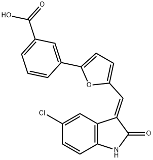 (E)-3-(5-((5-氯-2-氧代吲哚-3-亚基)甲基)呋喃-2-基)苯甲酸 结构式