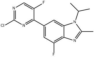 6-(2-氯-5-氟-嘧啶-4-基)-4-氟-1-异丙基-2-甲基-1H-苯并咪唑 结构式