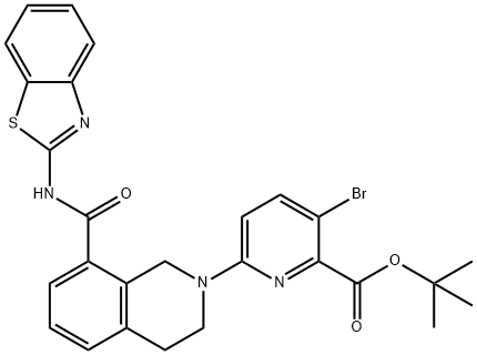 2-Pyridinecarboxylic acid, 6-[8-[(2-benzothiazolylaMino)carbonyl]-3,4-dihydro-2(1H)-isoquinolinyl]-3-broMo-, 1,1-diMethylethyl ester 结构式