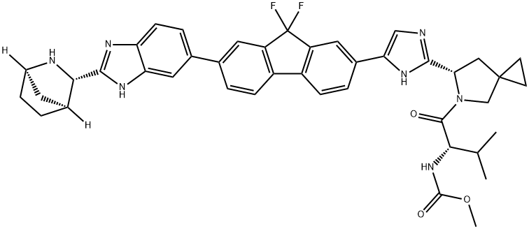 N-[(1S)-1-[[(6S)-6-[5-[7-[2-(1R,3S,4S)-2-氮杂双环[2.2.1]庚烷-3-基-1H-苯并咪唑-6-基]-9,9-二氟-9H-芴-2-基]-1H-咪唑-2-基]-5-氮杂螺[2.4]庚烷-5-基]羰基]-2-甲基丙基]氨基甲酸甲酯 结构式