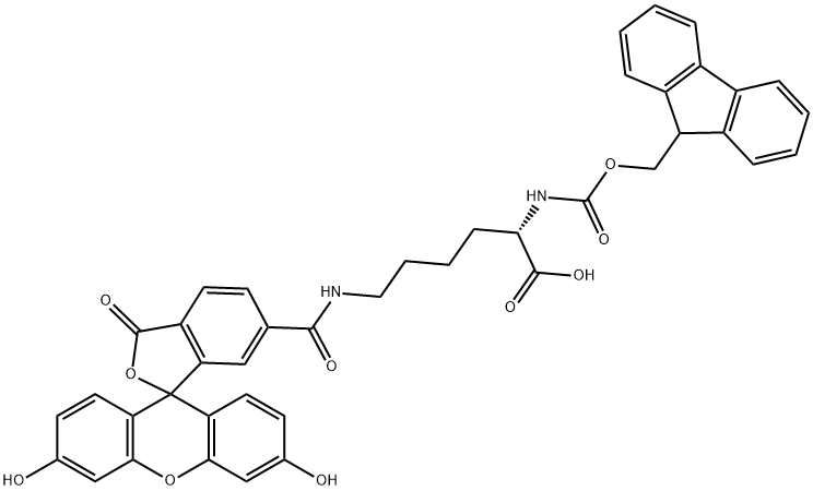 N6-[(3',6'-二羟基-3-氧代螺[异苯并呋喃-1(3H),9'-[9H]吨]-6-基)羰基]-N2-[芴甲氧羰基]-L-赖氨酸 结构式
