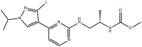 氨基甲酸,N-[(1S)-2-[4-[3-碘-1-(1-甲基乙基)-1H-吡唑-4-基]-2-嘧啶基]氨基]-1-甲基乙基]-,甲酯 结构式