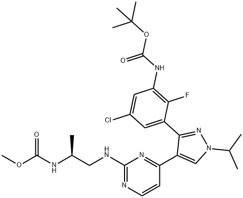 氨基甲酸,N-[(1S)-2-[(4-[3-[5-氯-3-[(1,1-二甲基乙氧基)羰基]氨基]-2-氟苯基]-1-(1-甲基乙基)-1H-吡唑-4-基]-2-嘧啶基]氨基]-1-甲基乙基]-甲酯 结构式