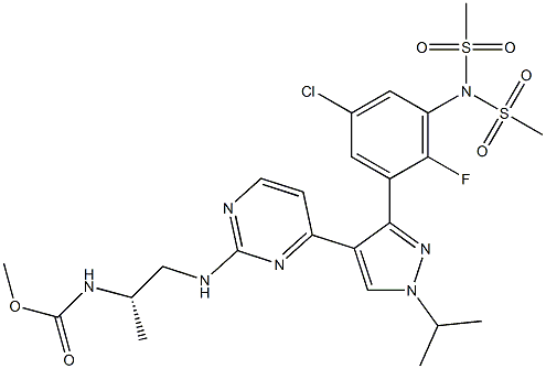 (S)-Methyl (1-((4-(3-(5-chloro-2-fluoro-3-(N-(Methylsulfonyl)MethylsulfonaMido)phenyl)-1-isopropyl-1H-pyrazol-4-yl)pyriMidin-2-yl)aMino)propan-2-yl)carbaMate 结构式