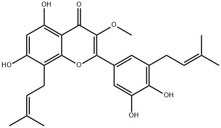 2-[3,4-二羟基-5-(3-甲基-2-丁烯-1-基)苯基]-5,7-二羟基-3-甲氧基-8-(3-甲基-2-丁烯-1-基)-4H-1-苯并吡喃-4-酮 结构式
