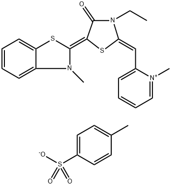 2-((Z)-((E)-3-ethyl-5-(3-Methylbenzo[d]thiazol-2(3H)-ylidene)-4-oxothiazolidin-2-ylidene)Methyl)-1-Methylpyridin-1-iuM 4-Methylbenzenesulfonate 结构式