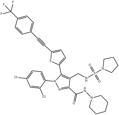1-(2,4-二氯苯基)-N-1-哌啶基-4-[[(1-吡咯烷基磺酰基)氨基]甲基]-5-[5-[2-[4-(三氟甲基)苯基]乙炔基]-2-噻吩基]-1H-吡唑-3-甲酰胺 结构式