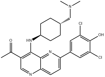 1-[6-(3,5-二氯-4-羟基苯基)-4-[[反式-4-[(二甲基氨基)甲基]环己基]氨基]-1,5-萘啶-3-基]-乙酮 结构式
