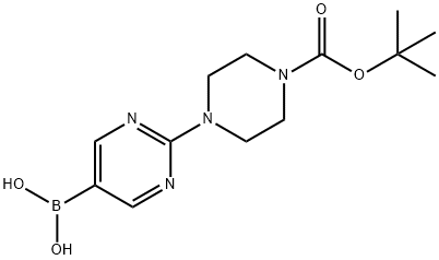 (2-(4-(叔丁氧羰基)哌嗪-1-基)嘧啶-5-基)硼酸 结构式