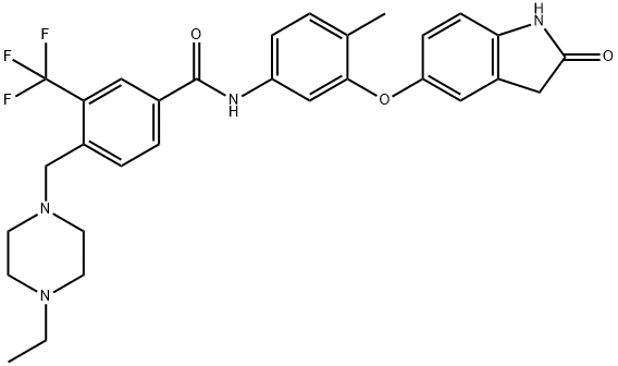 N-[3-[(2,3-二氢-2-氧代-1H-吲哚-5-基)氧基]-4-甲基苯基]-4-[(4-乙基-1-哌嗪基)甲基]-3-(三氟甲基)苯甲酰胺 结构式
