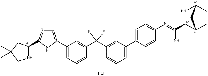 (6S)-6-[5-[7-[2-(1R,3S,4S)-2-氮杂双环[2.2.1]庚烷-3-基-1H-苯并咪唑-6-基]-9,9-二氟-9H-芴-2-基]-1H-咪唑-2-基]-5-氮杂螺[2.4]庚烷四盐酸盐 结构式