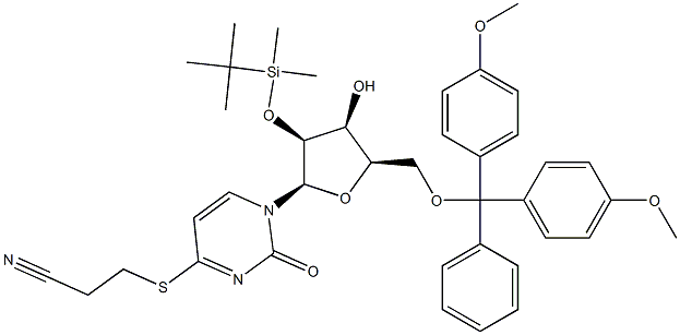 3-(1-((2R,3S,4S,5R)-5-((bis(4-Methoxyphenyl)(phenyl)Methoxy)Methyl)-3-(tert-butyldiMethylsilyloxy)-4-hydroxytetrahydrofuran-2-yl)-2-oxo-1,2-dihydropyriMidin-4-ylthio)propanenitrile 结构式