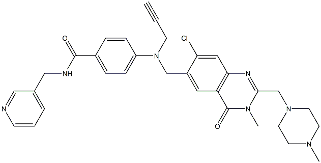4-[[[7-氯-3,4-二氢-3-甲基-2-[(4-甲基-1-哌嗪基)甲基]-4-氧代-6-喹唑啉基]甲基]-2-丙炔-1-基氨基]-N-(3-吡啶基甲基)苯甲酰胺 结构式