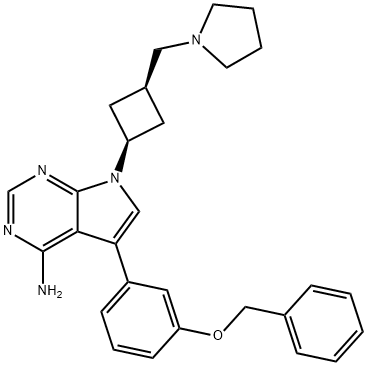 [5-(3-苄氧基苯基)-7-[顺式-3-[(吡咯烷-1-基)甲基]环丁基]-7H-吡咯并[2,3-D]嘧啶-4-基]胺 结构式