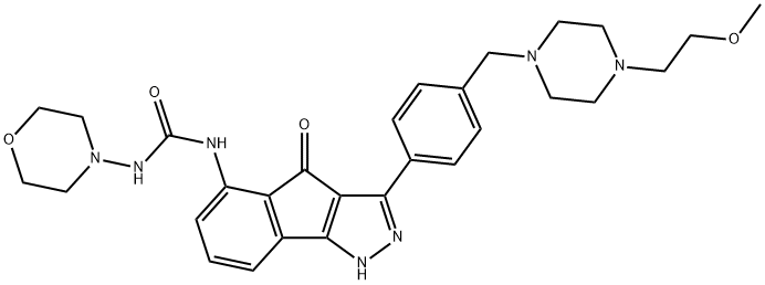 N-[1,4-二氢-3-[4-[[4-(2-甲氧基乙基)-1-哌嗪基]甲基]苯基]-4-氧代茚并[1,2-C]吡唑-5-基]-N'-4-吗啉基脲 结构式