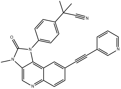 2-甲基-2-[4-[3-甲基-2-氧代-8-[(吡啶-3-基)乙炔基]-2,3-二氢咪唑并[4,5-C]喹啉-1-基]苯基]丙腈 结构式