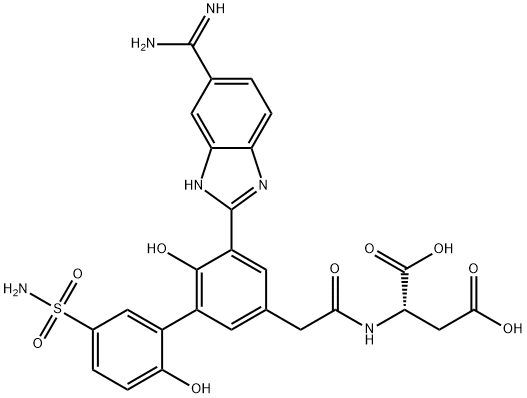 (S)-2-[[2-[5-(5-甲脒基-1H-苯并咪唑-2-基)-6,2'-二羟基-5'-氨基磺酰基联苯-3-基]乙酰基]氨基]琥珀酸 结构式