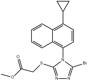 2-[[5-溴-4-(4-环丙基萘-1-基)-4H-1,2,4-三唑-3-基]硫基]乙酸甲酯 结构式