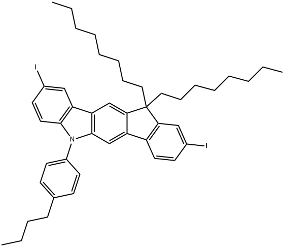 5-(4-丁基苯基)-5,11-二氢-2,9-二碘-11,11-二辛基茚并[1,2-B]咔唑 结构式