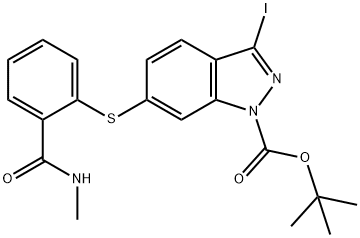1-BOC-3-碘-6-(2-(甲胺羧基)苯巯基)-1H-吲唑 结构式