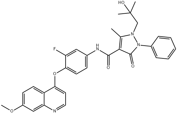 N-[3-氟-4-[(7-甲氧基喹啉-4-基)氧基]苯基]-1-(2-羟基-2-甲基丙基)-5-甲基-3-氧代-2-苯基-2,3-二氢-1H-吡唑-4-甲酰胺 结构式