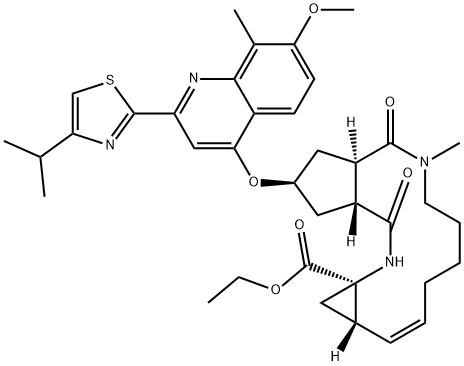 (2R,3AR,11AS,12AR,14AR,Z)-2-(2-(4-异丙基噻唑-2-基)-7-甲氧基-8-甲基-4-喹啉氧基)-5-甲基-4,14-二氧-1,2,3,3A,4,5,6,7,8,9,11A,12,12A,13,14,14A-16氢环戊烷并[C]环丙基并[G][1,6]双氮杂十四烷-12A-羧酸乙酯 结构式