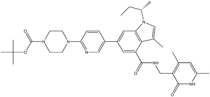 (S)-4-(5-(1-(仲丁基)-4-(((4,6-二甲基-2-氧代-1,2-二氢吡啶-3-基)甲基)氨基甲酰基)-3-甲基-1H-吲哚-6-基)吡啶-2-基)哌嗪-1-甲酸叔丁酯 结构式