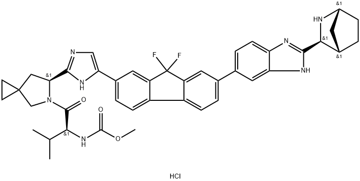((S)-1-((S)-6-(5-(7-(2-((1R,3S,4S)-2-氮杂双环[2.2.1]庚-3-基)苯并[D]咪唑-6-基)-9,9-二氟-9H-芴-2-基)-1H-咪唑-2-基)-5-氮杂螺[2.4]庚烷-5-基)-3-甲基-1-氧代丁-2-基)氨基甲酸酯盐酸盐 结构式
