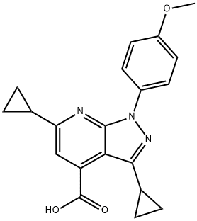 3,6-二环丙基-1-(4-甲氧基苯基)-1H-吡唑并[3,4-B]吡啶-4-羧酸 结构式