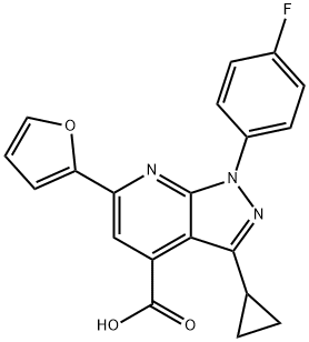 3-环丙基-1-(4-氟苯基)-6-(呋喃-2-基)-1H-吡唑并[3,4-B]吡啶-4-羧酸 结构式