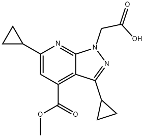 [3,6-Dicyclopropyl-4-(methoxycarbonyl)-1H-pyrazolo[3,4-b]pyridin-1-yl]acetic acid 结构式