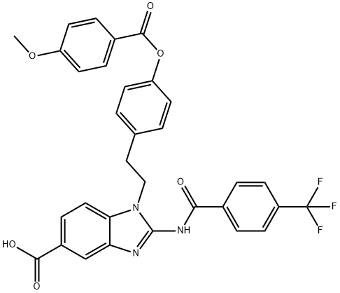 1-(4-((4-methoxybenzoyl)oxy)phenethyl)-2-(4-(trifluoromethyl)benzamido)-1H-benzo[d]imidazole-5-carboxylic acid 结构式