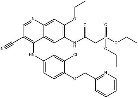 磷酸,P-〔2 - 〔〔4 - 〔〔3-氯-4-(2-吡啶基甲氧基)苯基〕氨基〕-3-氰基-7-乙氧基-6-喹啉基〕氨基〕-2-氧代乙基〕 - ,二乙酯 结构式
