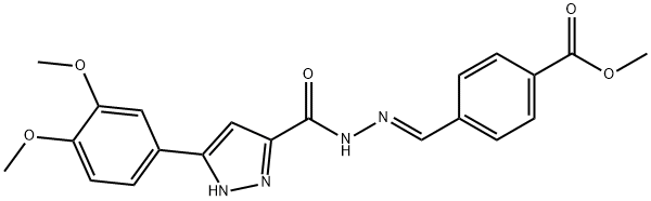 methyl (E)-4-((2-(3-(3,4-dimethoxyphenyl)-1H-pyrazole-5-carbonyl)hydrazono)methyl)benzoate 结构式