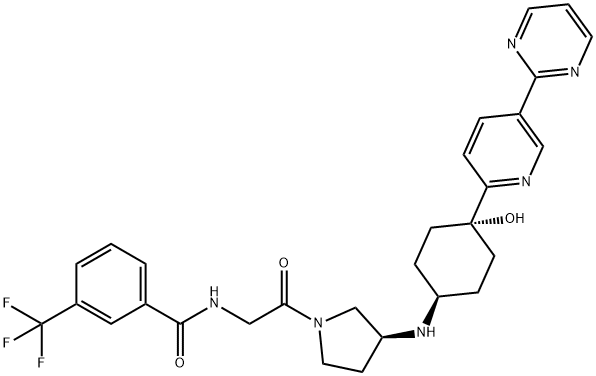 N-(2 - ((S)-3 - (((1R,4S)-4-羟基-4-(5-(嘧啶-2-基)吡啶-2-基)环己基)氨基)吡咯烷-1-基)-2-氧代乙基)-3-(三氟甲基)苯甲酰胺 结构式