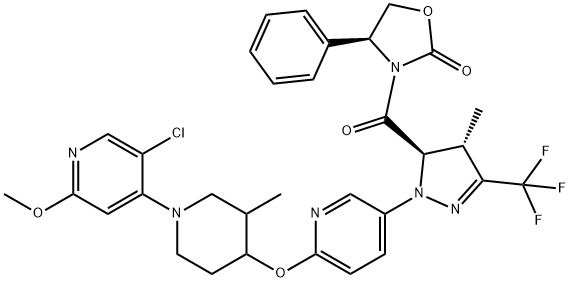 (4S)-3-((4S,5R)-1-(6-((1-(5-氯-2-甲氧基吡啶-4-基)-3-甲基哌啶-4-基)氧基)吡啶-3-基)-4-甲基-3-(三氟甲基)-4,5-二氢-1H-吡唑-5-甲酰基)-4-苯基恶唑烷-2-酮 结构式