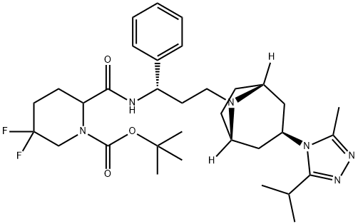 tert-butyl 5,5-difluoro-2-((S)-3-((1S,3R,5R)-3-(3-isopropyl-5-methyl-4H-1,2,4-triazol-4-yl)-8-aza-bicyclo[3.2.1]octan-8-yl)-1-phenylpropylcarbamoyl)piperidine-1-carboxylate 结构式