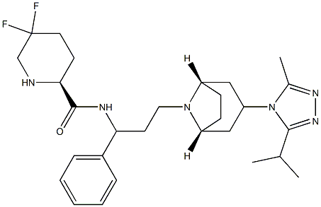 5,5-difluoro-N-((S)-3-((1S,3R,5R)-3-(3-isopropyl-5-methyl-4H-1,2,4-triazol-4-yl)-8-aza-bicyclo[3.2.1]octan-8-yl)-1-phenylpropyl)piperidine-2-carboxamide 结构式