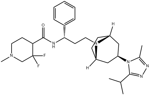 3,3-difluoro-N-((S)-3-((1S,3R,5R)-3-(3-isopropyl-5-methyl-4H-1,2,4-triazol-4-yl)-8-aza-bicyclo[3.2.1]octan-8-yl)-1-phenylpropyl)-1-methylpiperidine-4-carboxamide 结构式